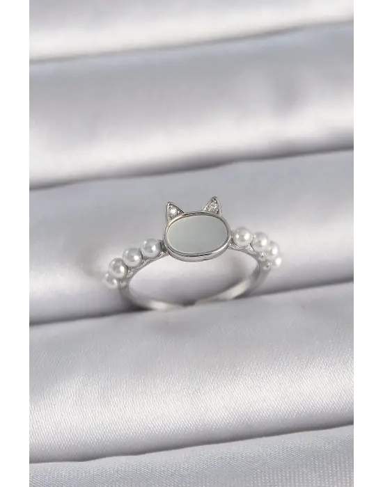  Gümüş Ayarlanabilir Beyaz Mineli Kedi Model İnci Detay Çelik Yüzük