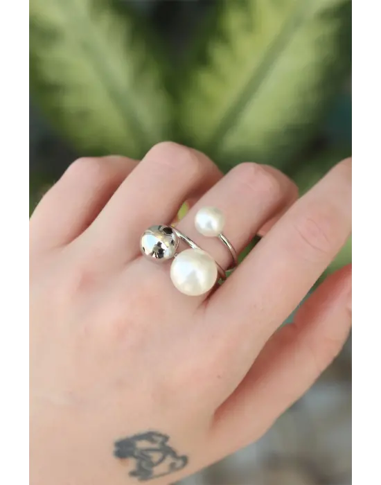  Gümüş Ayarlanabilir İnci Taşlı Yüzük