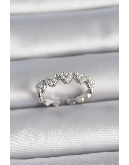  Gümüş Ayarlanabilir İncili Kalp Model Çelik Yüzük