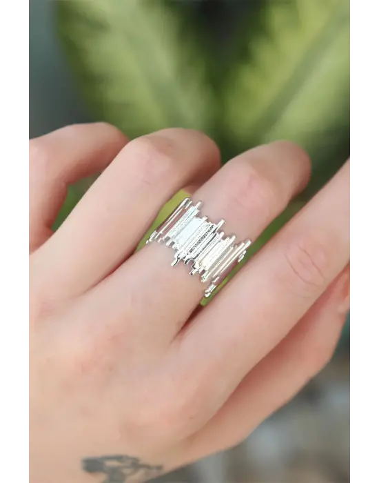  Gümüş Ayarlanabilir Kalın Tırtık Yüzük