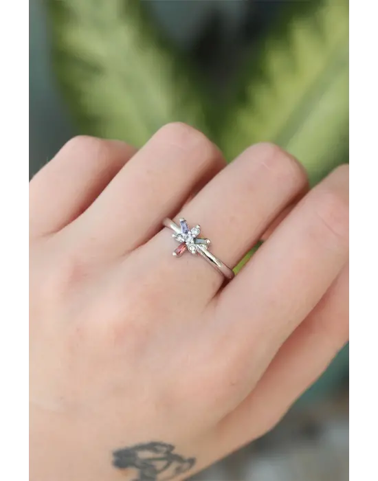  Gümüş Ayarlanabilir Renkli Zirkon Taşlı Yusufçuk Yüzük