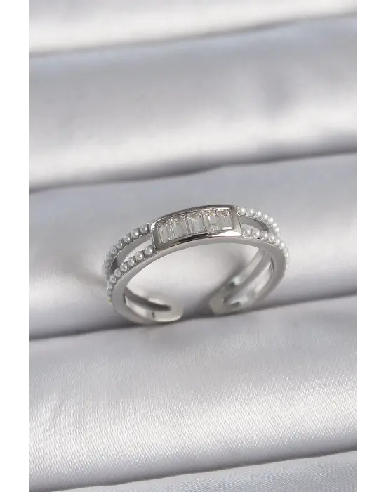  Gümüş Ayarlanabilir Sıralı İncili Zirkon Taşlı Çelik Yüzük