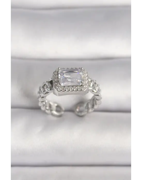  Gümüş Ayarlanabilir Zincir Kare Zirkon Taşlı Çelik Yüzük