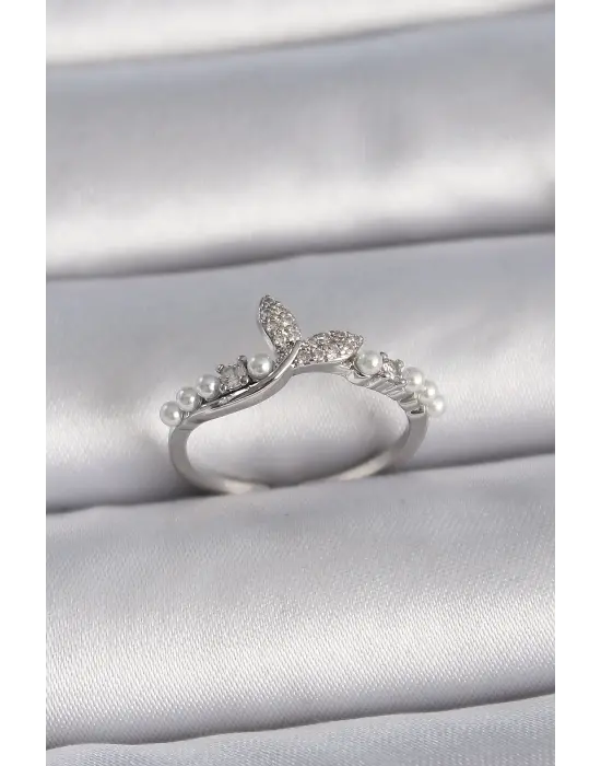  Gümüş Ayarlanabilir Zirkon Taşlı Balık Kuyruğu İnci Detay Model Çelik Yüzük