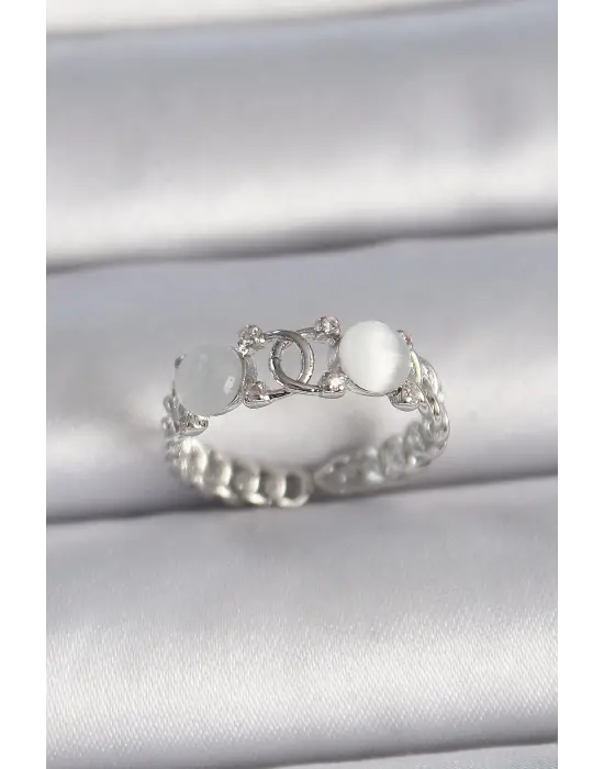  Gümüş Ayarlanabilir Zirkon Taşlı Beyaz Mineli Birleşik Halka Model Çelik Yüzük