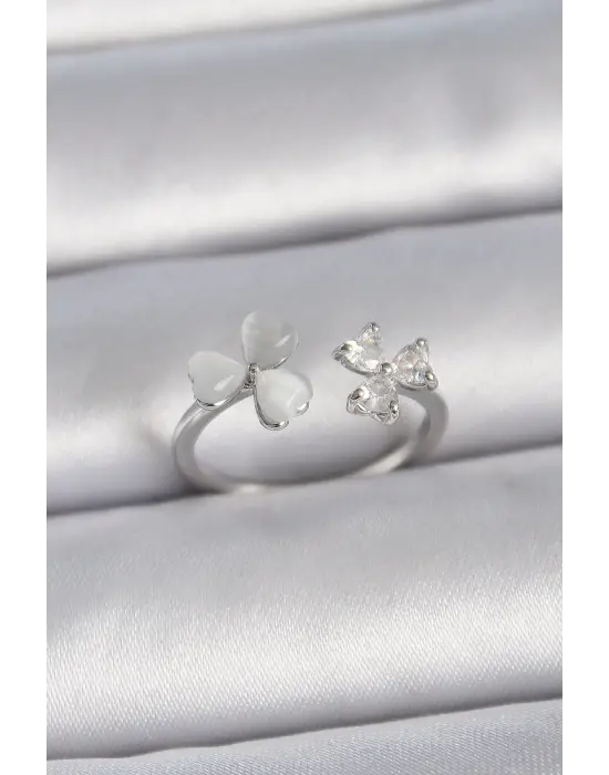  Gümüş Ayarlanabilir Zirkon Taşlı Beyaz Mineli Kalp Model Çelik Yüzük