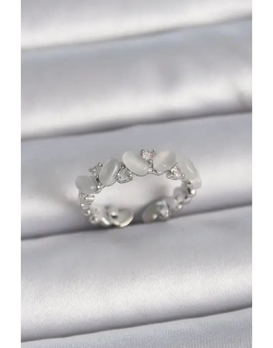  Gümüş Ayarlanabilir Zirkon Taşlı Beyaz Mineli Model Çelik Yüzük