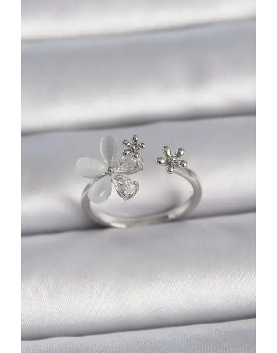  Gümüş Ayarlanabilir Zirkon Taşlı Beyaz Mineli Yaprak Model Çelik Yüzük