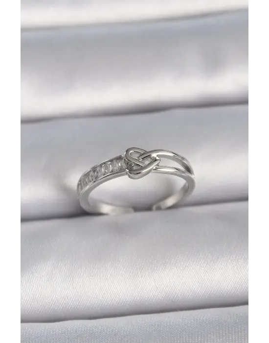  Gümüş Ayarlanabilir Zirkon Taşlı Düğüm Kalp Model Çelik Yüzük