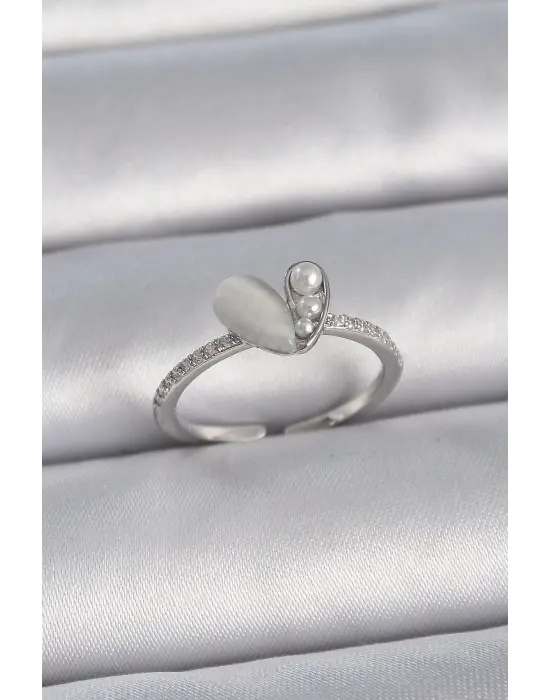  Gümüş Ayarlanabilir Zirkon Taşlı İncili Beyaz Mineli Kalp Model Çelik Yüzük