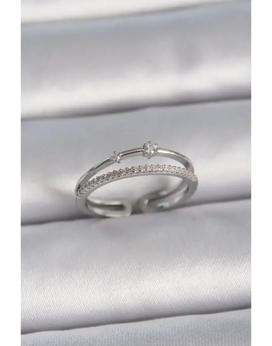  Gümüş Ayarlanabilir Zirkon Taşlı Çelik Yüzük