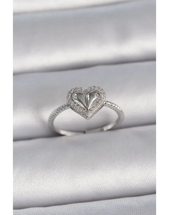  Gümüş Ayarlanabilir Zirkon Taşlı Kalp Model Çelik Yüzük