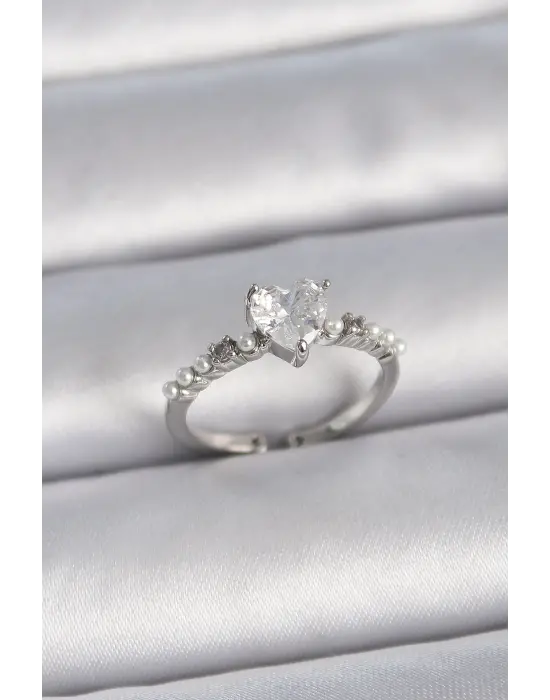  Gümüş Ayarlanabilir Zirkon Taşlı Kalp Model Sıralı İnci Detay Çelik Yüzük