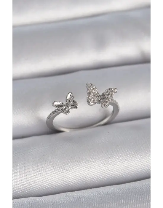  Gümüş Ayarlanabilir Zirkon Taşlı Kelebek Model Çelik Yüzük