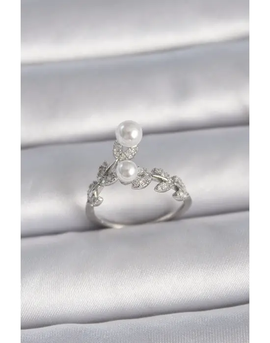  Gümüş Ayarlanabilir Zirkon Taşlı Yaprak Model İnci Detay Çelik Yüzük