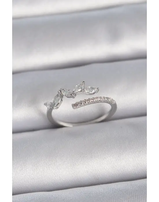  Gümüş Ayarlanabilir Zirkon Taşlı Yaprak Model Çelik Yüzük
