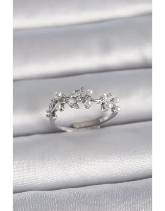  Gümüş Ayarlanabilir Zirkon Taşlı Yaprak Model Çelik Yüzük