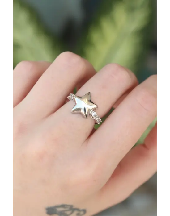  Gümüş Ayarlanabilir Zirkon Taşlı Yıldız Yüzük