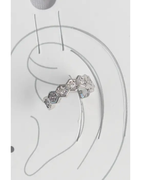 Çelik Gümüş Renk Bal Peteği Model Zirkon Taşlı Kadın Kıkırdak Küpe