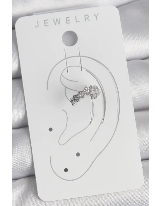 Çelik Gümüş Renk Bal Peteği Model Zirkon Taşlı Kadın Kıkırdak Küpe