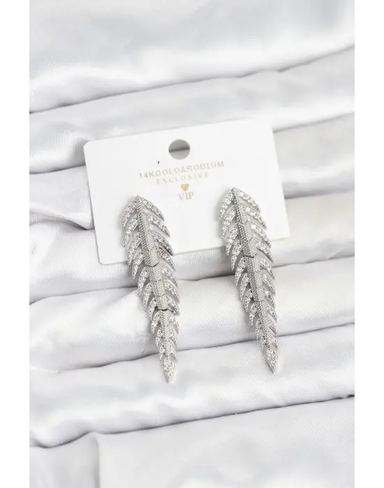 Pirinç Gümüş Renk Balık Sırtı Model Zirkon Taşlı Kadın Küpe