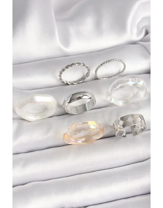 Pirinç Gümüş Renk Beyaz Akrilik Plastik Model Kutup Yıldız İşleme Detaylı Kadın Yüzük Kombini