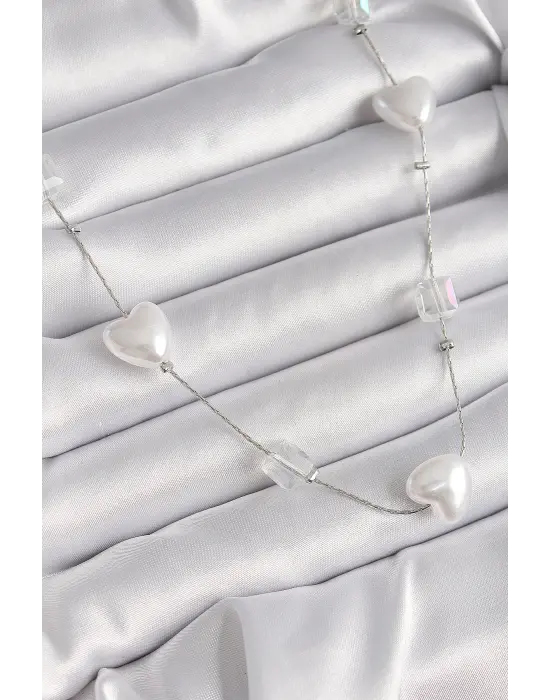 Pirinç Gümüş  Beyaz İnci Kalp Model  Çelik Kolye