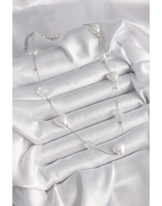 Pirinç Gümüş  Beyaz İnci Kalp Model  Çelik Kolye