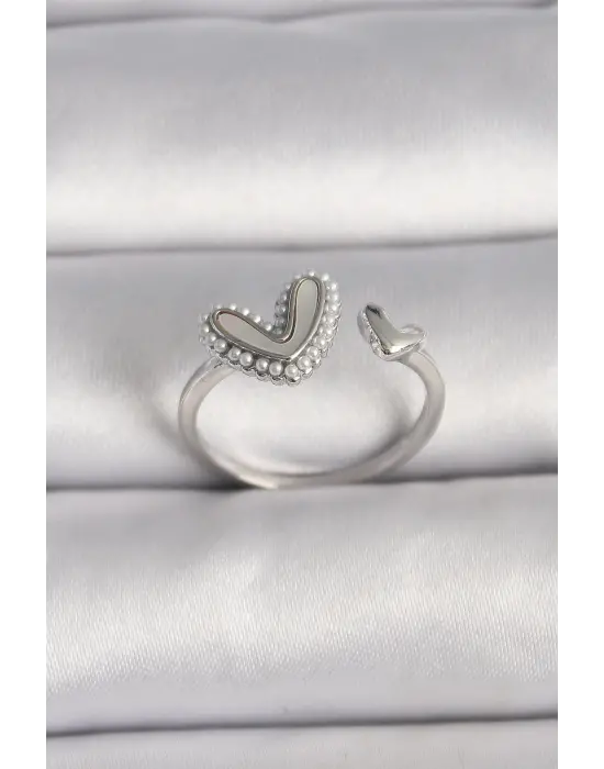  Gümüş Beyaz Mineli İnci Detaylı Kalp Model Ayarlanabilir Yüzük