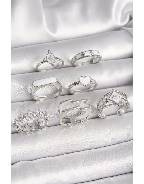 Pirinç Gümüş Renk Beyaz Mineli Kalp Çiçek Detay Kadın Yüzük Kombin