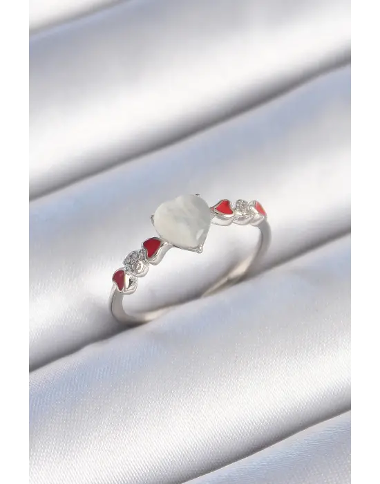  Gümüş Beyaz Mineli Kalp Model Zirkon Taş Detaylı Çelik Yüzük