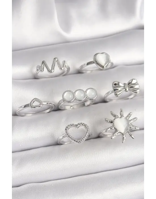 Pirinç Gümüş Renk Beyaz Sedefli Kalp Figür Kurdele Detay Kadın Yüzük Kombini