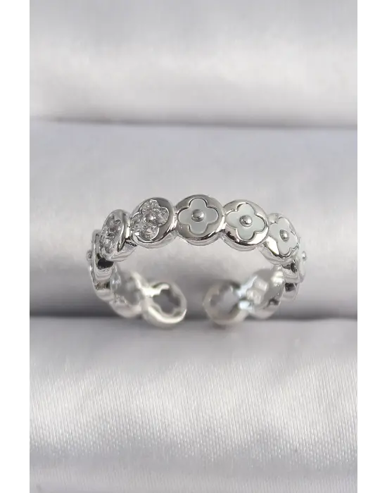  Gümüş Beyaz Sedefli Yonca Model Çelik Yüzük