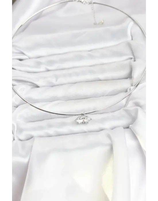 Çelik Gümüş Renk Choker Model Zirkon Taşlı Kadın Kolye