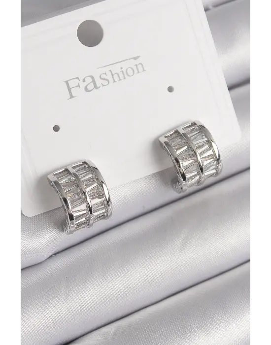  Gümüş Çift Sıra Zirkon Taşlı Çelik Küpe