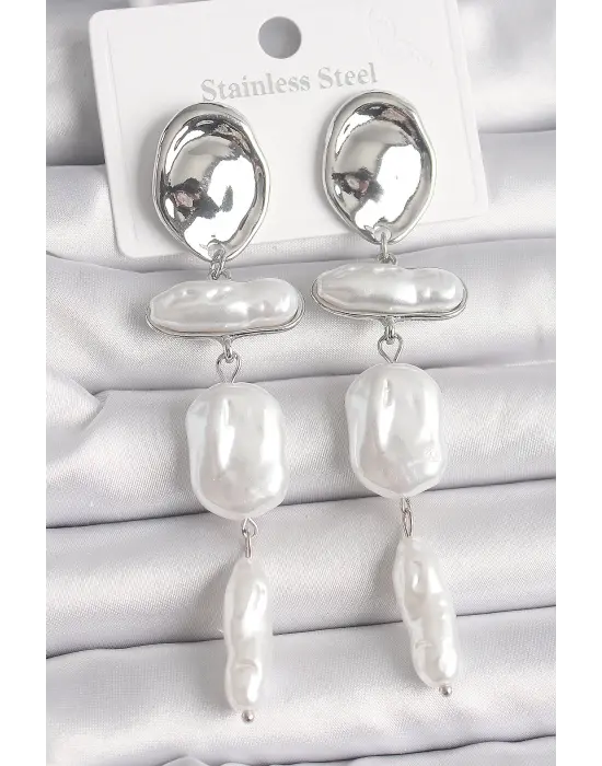  Gümüş Daire Plaka Sallantı Ezme İnci Model Çelik Küpe