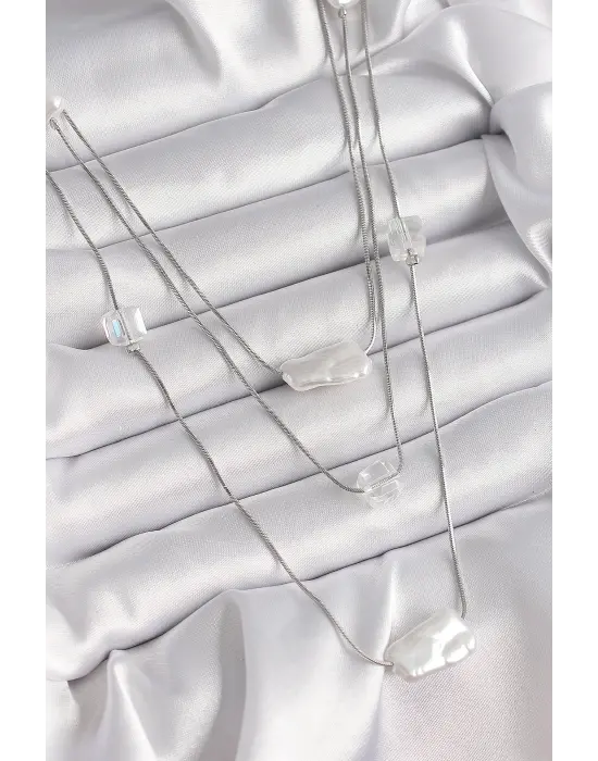 Pirinç Gümüş  Ezme İnci Model Çoklu  Çelik Kolye