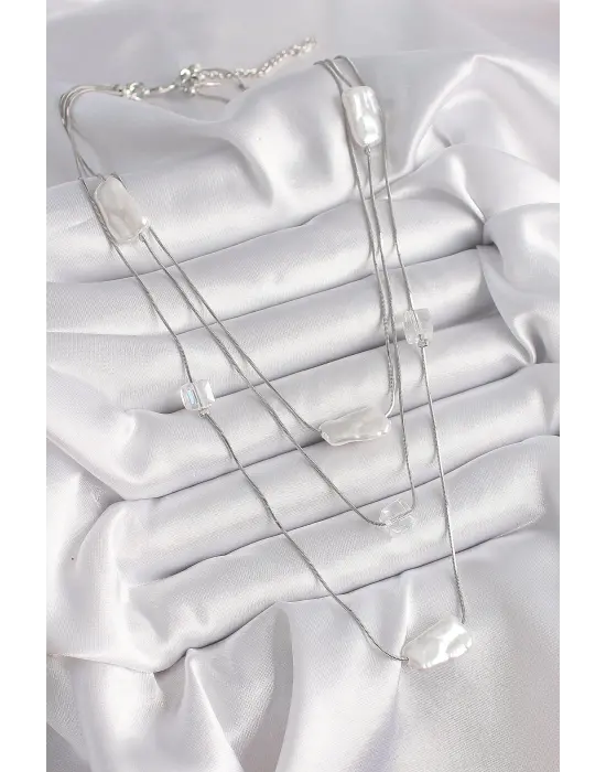 Pirinç Gümüş  Ezme İnci Model Çoklu  Çelik Kolye