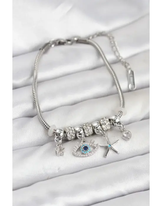 Pirinç Gümüş Renk Göz Model Charmlı Kadın Bileklik