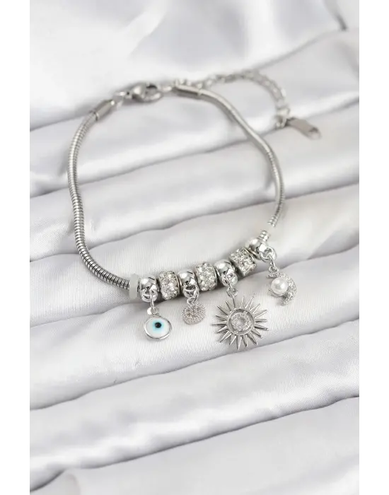 Çelik Gümüş Renk Güneş Charmlı Kadın Bileklik