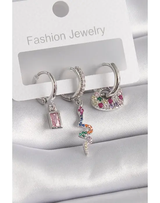  Gümüş Halka Model Renkli Zirkon Taşlı Yılan Figür Çelik Küpe