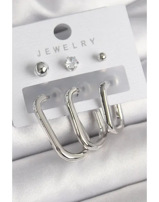  Gümüş Halka Model Zirkon Taşlı Topçuk Detay Çelik Küpe Seti