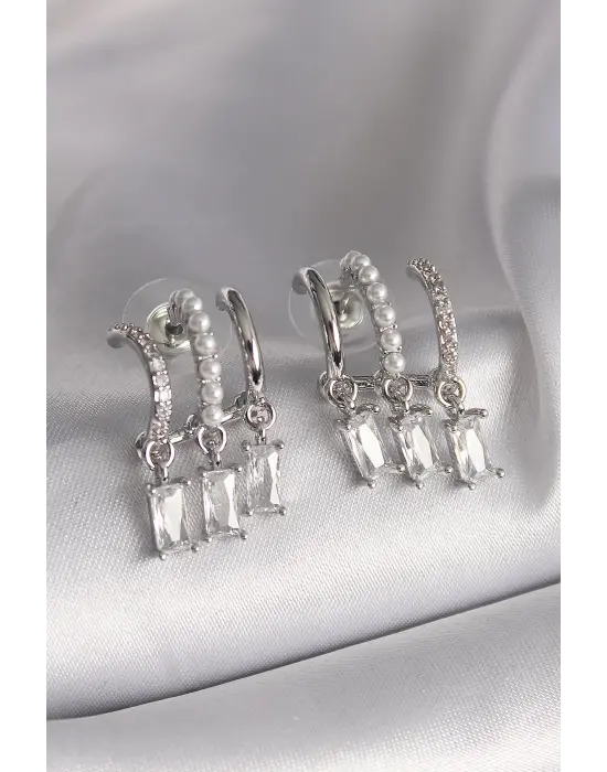  Gümüş İnci Detay Sallantı Zirkon Taşlı Çelik Küpe