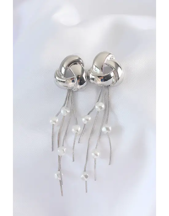  Gümüş İnci Taşlı Sallantılı Küpe