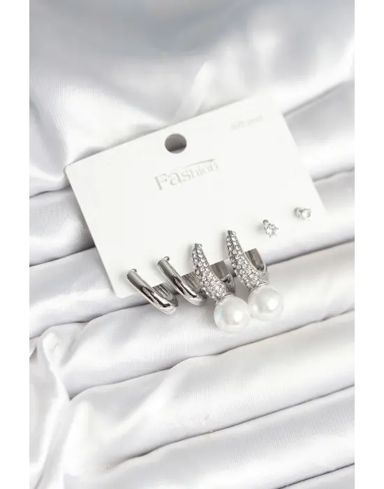 Pirinç Gümüş Renk İncili 925 Ayar Gümüş Çivi Kadın Küpe Seti