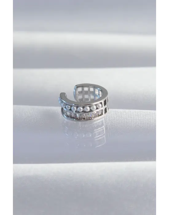  Gümüş İncili Baget Taşlı Earcuff Küpe