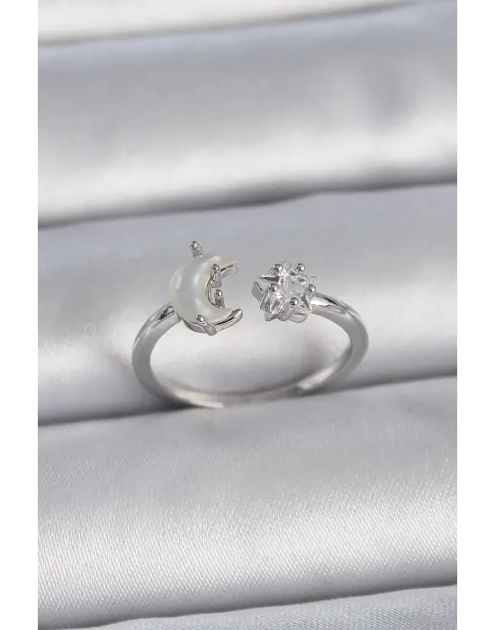  Gümüş İncili Hilal Zirkon Taşlı Yıldız Ayarlanabilir Çelik Yüzük