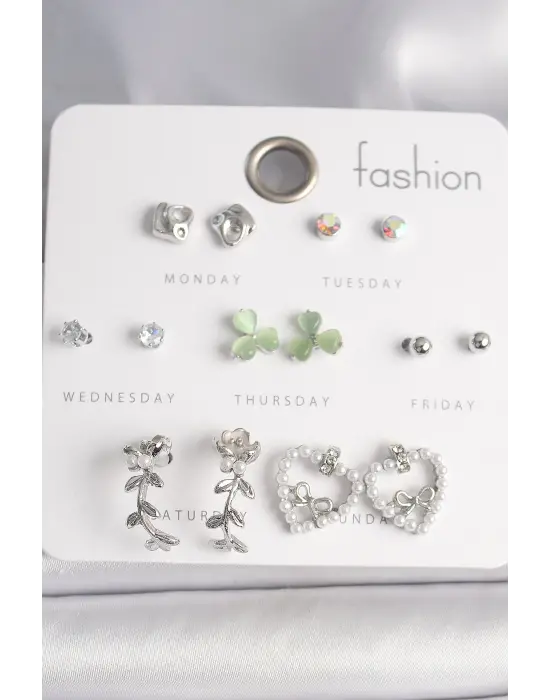  Gümüş İncili Kalp Çiçek Figür Kurdela Detay 7 Çift Çelik Küpe Seti