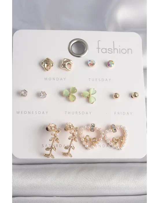  Gümüş İncili Kalp Figür Kurdela Detay 7 Çift Çelik Küpe Seti