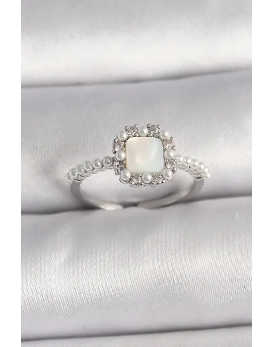  Gümüş İncili Kare Beyaz Mineli Ayarlanabilir Çelik Yüzük